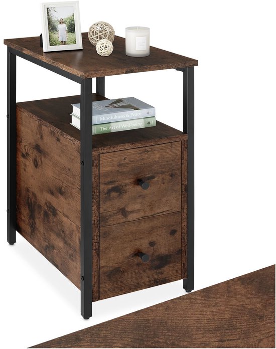 tectake® Bijzettafel met 2 lades en 2 niveaus van hout - Smal nachtkastje in industrieel design - Voor woonkamer, slaapkamer, kantoor, hal - Zwart metalen frame - Afmeting (LxBxH) 30 x 49,5 x 61,5 cm - Donkerbruin