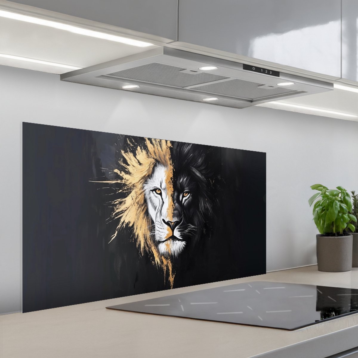 Spatscherm 100x50 cm - Zelfklevende achterwand Leeuw - Gesplitst - Zwart - Lijn - Keuken muurbeschermer - Spatwand fornuis