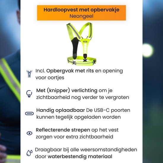 Neongeel R2B hardloopvest met opbergvak, reflecterende strepen en knipperende verlichting.