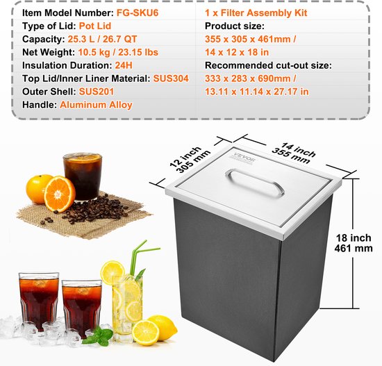 VEVOR Drop-In Ijsbox, Roestvrijstalen Ijskoeler van 25,3 Liter, CommerciëLe Ijscontainer van 355x305x461mm met Deksel, Ingebouwde Ijsopslagkist, Afvoerpijp en Aftapplug Inbegrepen van Vevor — afbeelding 3
