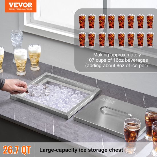 VEVOR Drop-In Ijsbox, Roestvrijstalen Ijskoeler van 25,3 Liter, CommerciëLe Ijscontainer van 355x305x461mm met Deksel, Ingebouwde Ijsopslagkist, Afvoerpijp en Aftapplug Inbegrepen van Vevor — afbeelding 4