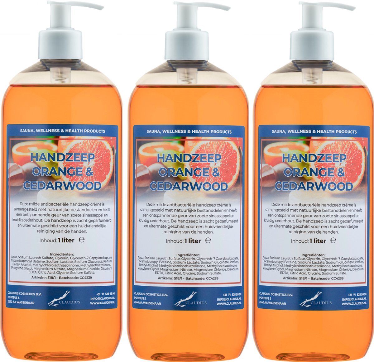 Handzeep Sweet Orange & Cedarwood 1 liter - set van 3 stuks - met gratis pomp - Voordeelverpakking