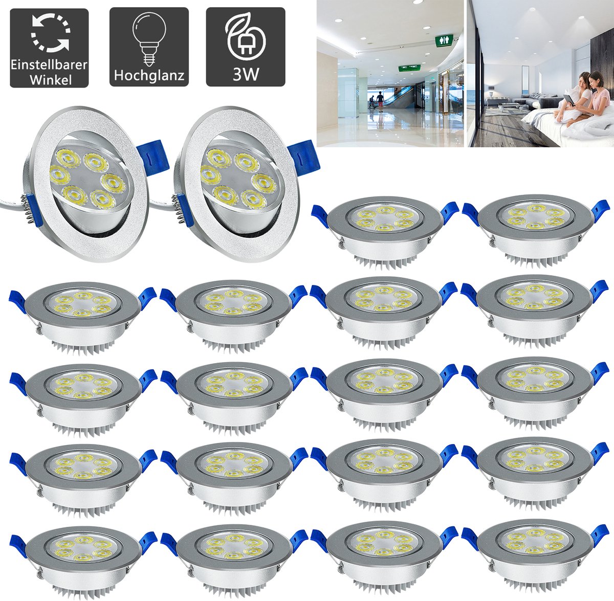 LED-inbouwspot 230V platte inbouwlamp set van 20 stuks 3W badkamerlamp inbouwspot aluminium mini plafondspot voor woonkamer slaapkamer en keuken 20x3W koud wit