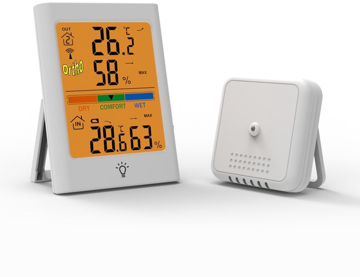 Ortho® - Digitale Binnen/buiten thermometer - Draadloos bereik tot 100m - Weerstation Binnen en Buiten - Hygrometer - Thermometer Binnen - Thermometer Buiten - Temperatuur en Luchtvochtigheid - Bevestigingsmagneet - 24U geschiedenisgegevens - Wit