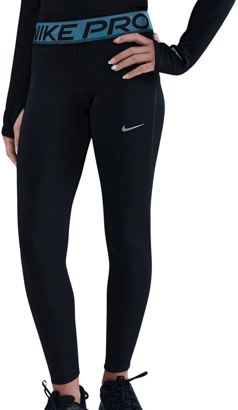 Legging Nike Pro noire avec ceinture turquoise et argentée Nike Pro et logo Nike argenté sur la jambe.