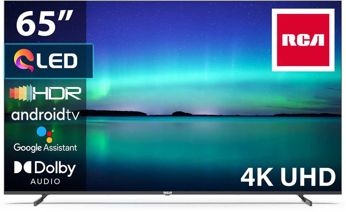 RCA Android Smart TV - QLED 4K UHD - 65 inch/165 cm - Frameless Design - Tripple Tuner DVB-T/T2/S/S2/C - HDMI x3, USB x2, CI+ - Voice control & streaming apps - Geassembleerd in Eindhoven - RAQ65UN3 - RCA - €444,00