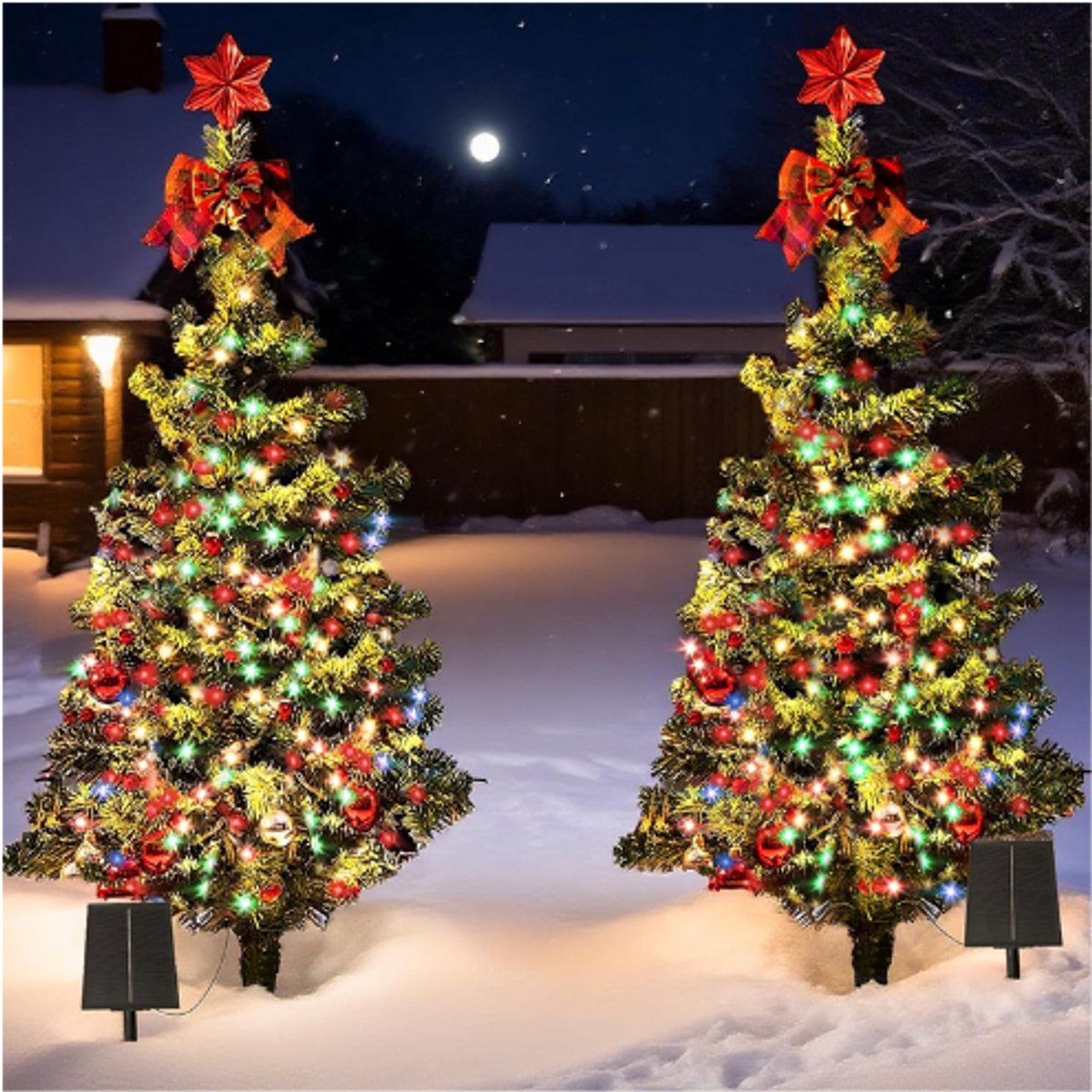 Zonne-energie Kerstboom 100cm Met 100 LED’s – 8 Knipperende Patronen – Inclusief Ornamenten – Voor Buiten – Tuin Veranda Straat Begraafplaats – Set Van 2 Energieklasse A++