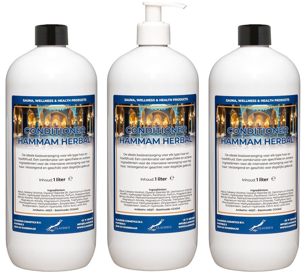 Hairconditioner Hammam Herbal 1 liter met 1 witte pomp - set van 3 stuks