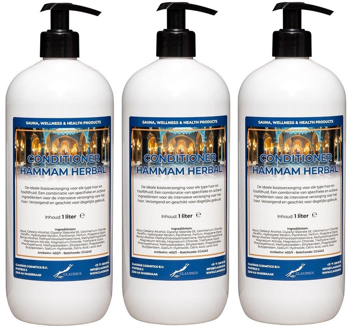 Hairconditioner Hammam Herbal 1 liter met 3 zwarte pomp - set van 3 stuks