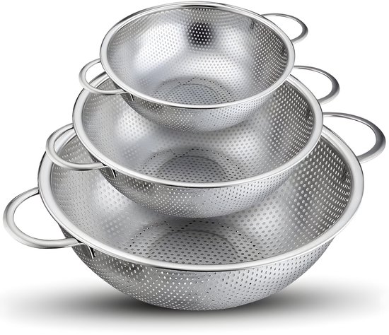 HI NATURE™ Vergieten - Vergiet RVS 3-delige set - Ø21cm/Ø29cm/Ø35cm Fijnmazig - Zeef - Roestvrij Staal - Geschikt voor het Wassen van Rijst-Groenten en Fruit | Vaatwasbestendig - Hittebestendig | Makkelijk Opbergen (Zilver)