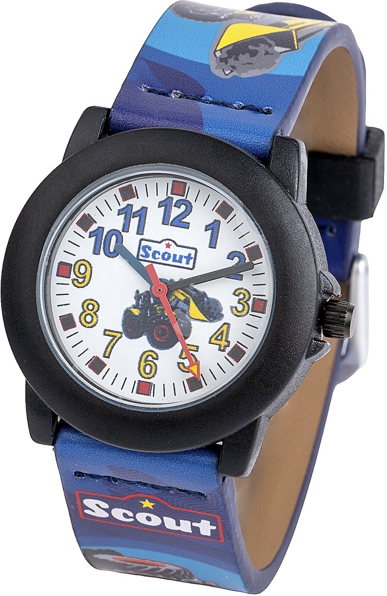 Scout Kinderuhr analog aus der Serie "Crystal" mit schwarz/blauem Kunstlederband mit Traktor- und Bagger-Motiv und Quarzwerk