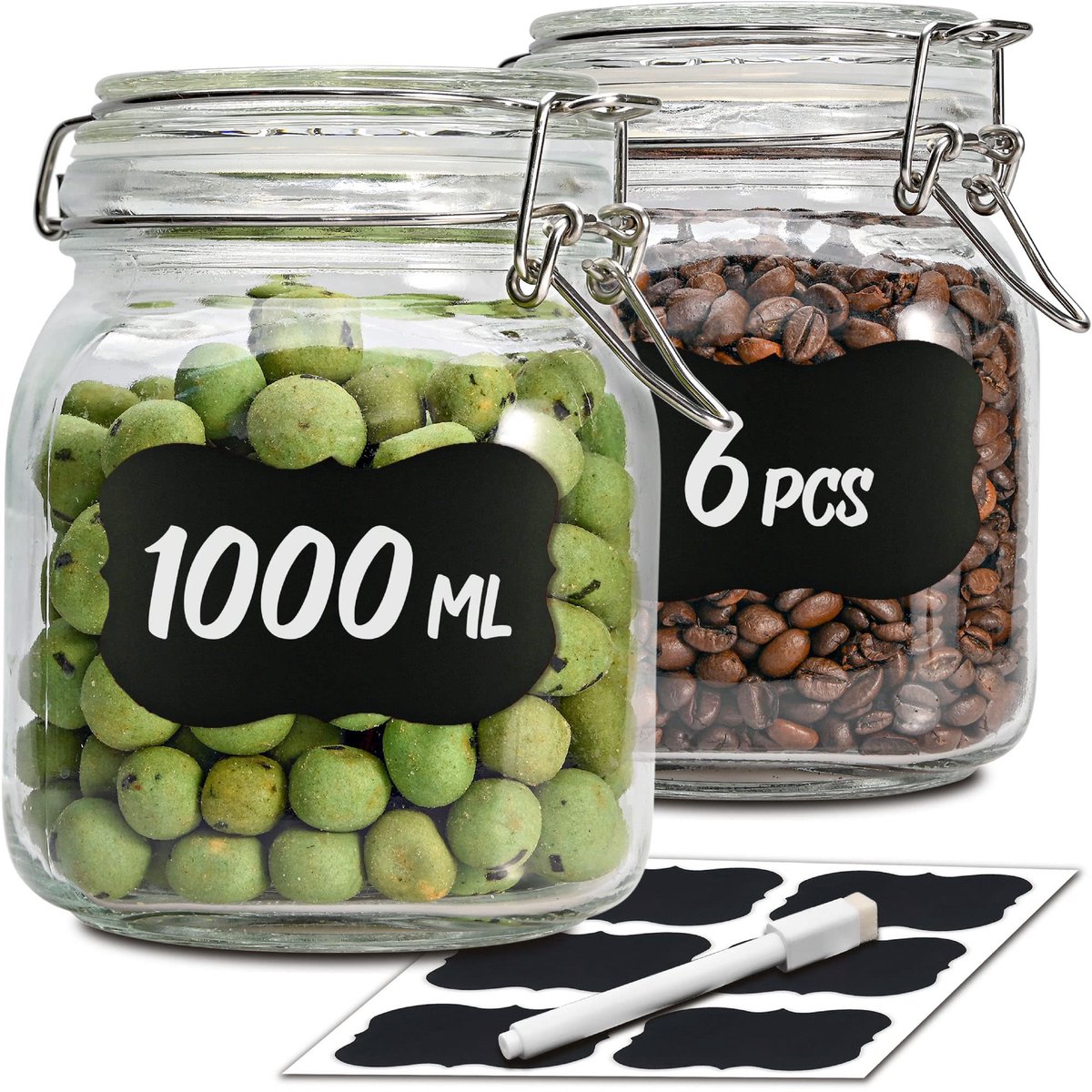 Unyqoos® Set van 6 glazen voorraadpotten met beugelsluiting en etiketten
