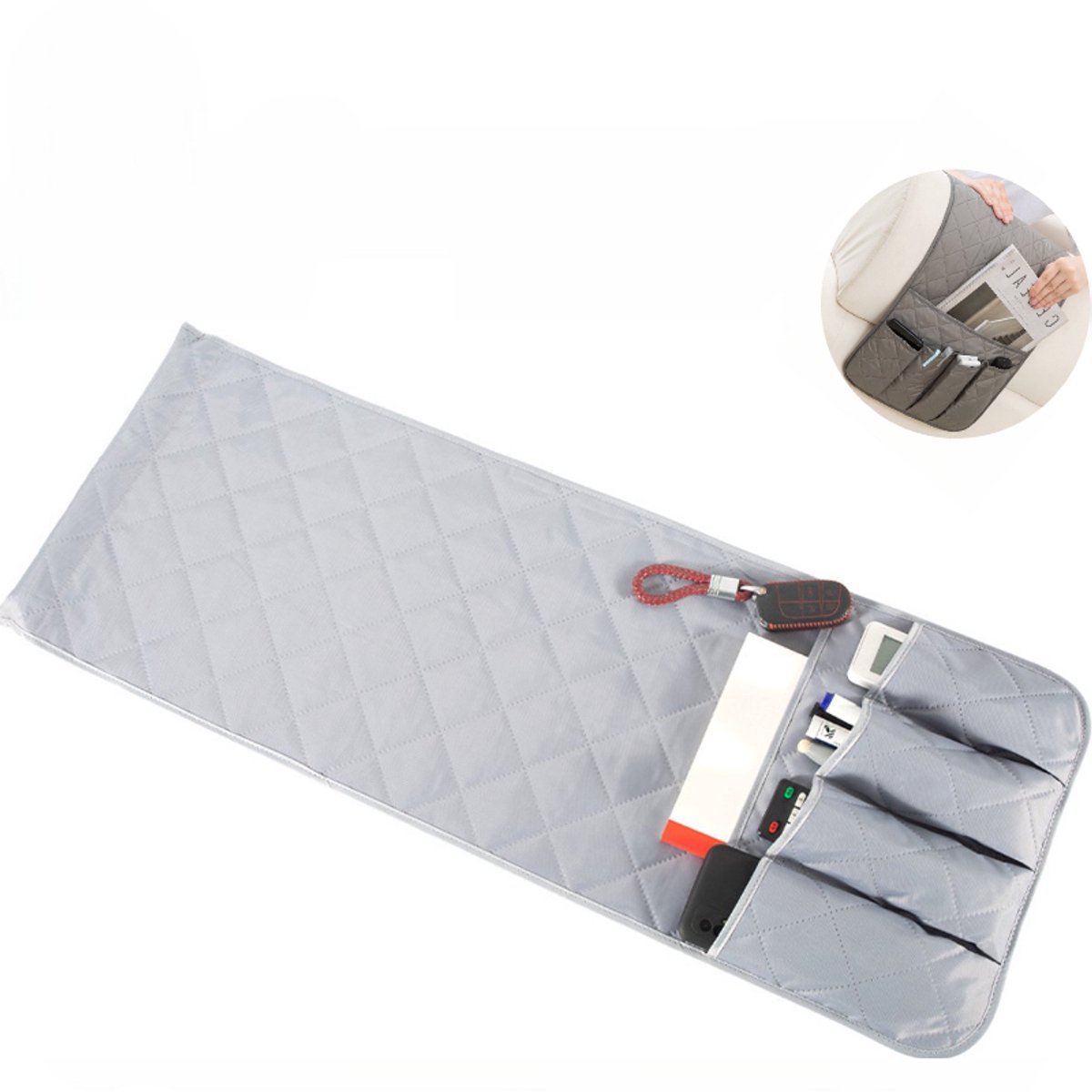 Armleuningorganizer – Bankopberger – Tijdschriftenhouder - Sofa Stoel Bank – ruimtebesparend - voor bank of stoel - houder voor mobiele telefoon, boek, tijdschriften, potlood - grijs -LOUZIR