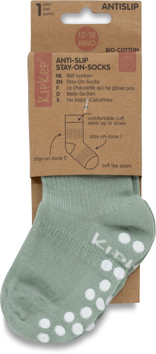KipKep Blijf-Sokken Antislip - Pale Green - baby peuter sokken - Maat 12-18 maanden - schoenmaat 19-22 - Groen - 1 paar - zakken niet af - Stay-on-Socks - biologisch katoen