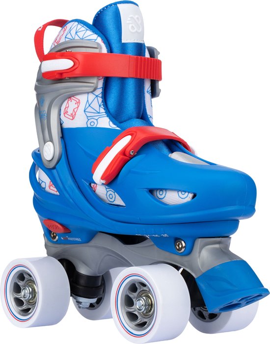 Blauwe verstelbare rolschaats met rode gesp en witte binnenvoering met geometrisch patroon.