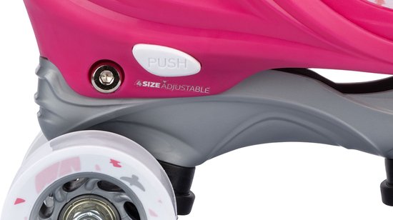 Roze verstelbare rolschaats met grijze accenten en een 'PUSH 4 SIZE ADJUSTABLE' knop.