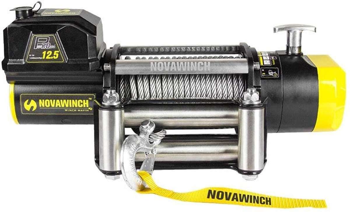 NovaWinch PRO 12500 - Elektrische lier 12V - 5670 kg trekkracht - Met 26 mtr. staalkabel met haak + veiligheidsklep - Incl. 4m kabelafstandbediening