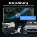 Dashcam met GPS-functionaliteit, weergegeven op een laptop, telefoon en auto-interface.