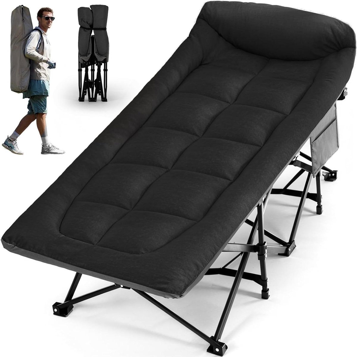 Provento - Draagbaar campingbed XL tot 250 kg belastbaar, antislip eenpersoonsbed met kussen en opbergtas - ideaal voor campers, tenten en reizen - zwart