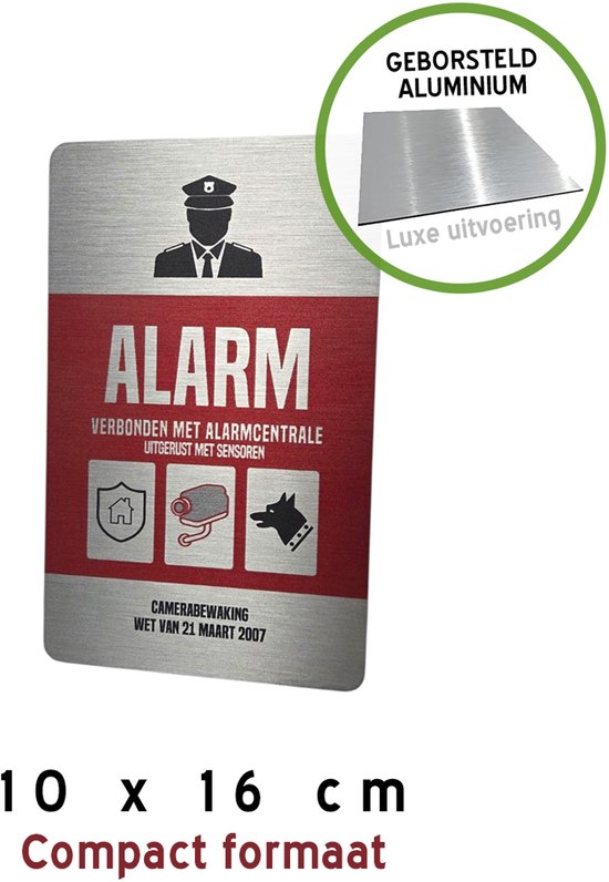 Pictogramme/Panneau de luxe (compact) | "Alarme - Connecté à la centrale d'alarme" | 10 x 16 cm | Dibond Brossé | Surveillance par caméra | Surveillance | Chien de garde | 1 pièce