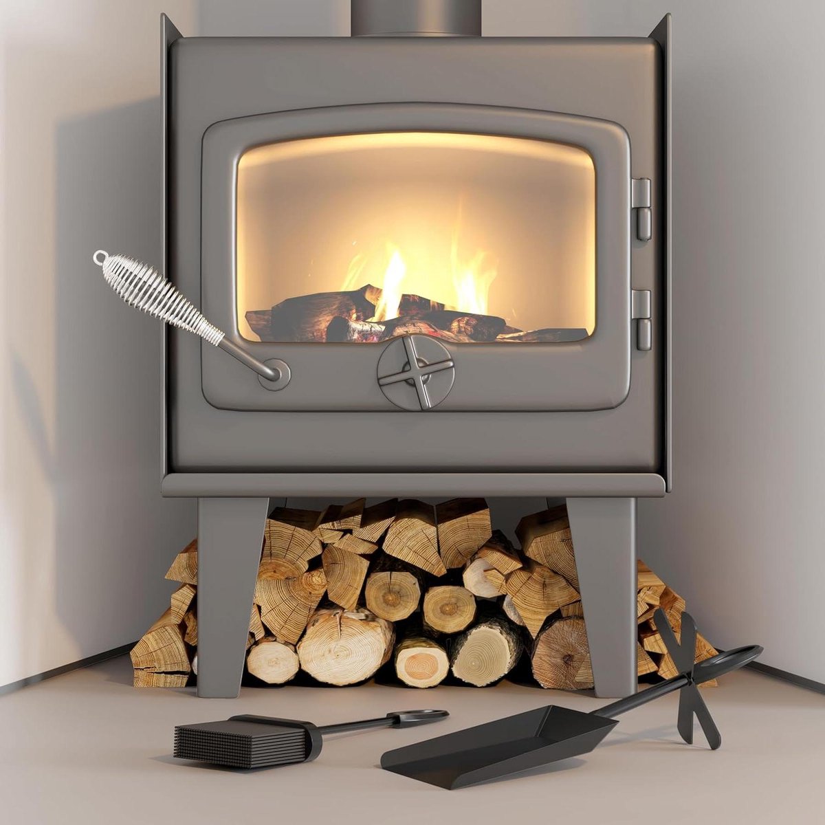 Provento - Zwarte openhaardset met schop en borstel - 38x12.5x12cm - Log brander accessoires - Stijlvolle fireside companion set voor openhaard onderhoud