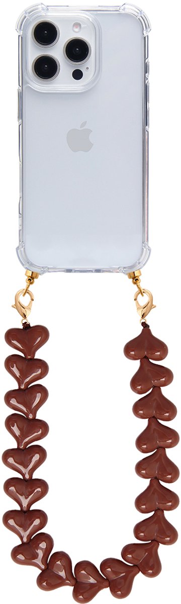 Casies hoesje geschikt voor iPhone 14 met donkerbruin hartenkoord - Dark brown hearts cord - Transparant telefoonhoesje