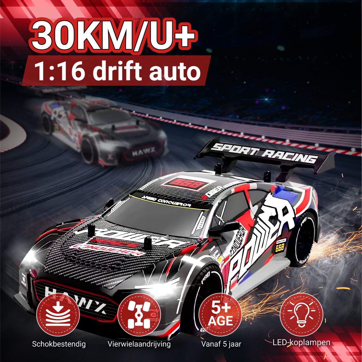 HAWX Bestuurbare Auto - RC Auto - Race Auto - RC Drift Car - Afstandsbestuurbare Auto - Volwassenen en Jongens - Voor Buiten en Binnen - Incl. 3 Batterijen, 8 Verkeerskegels — afbeelding 5