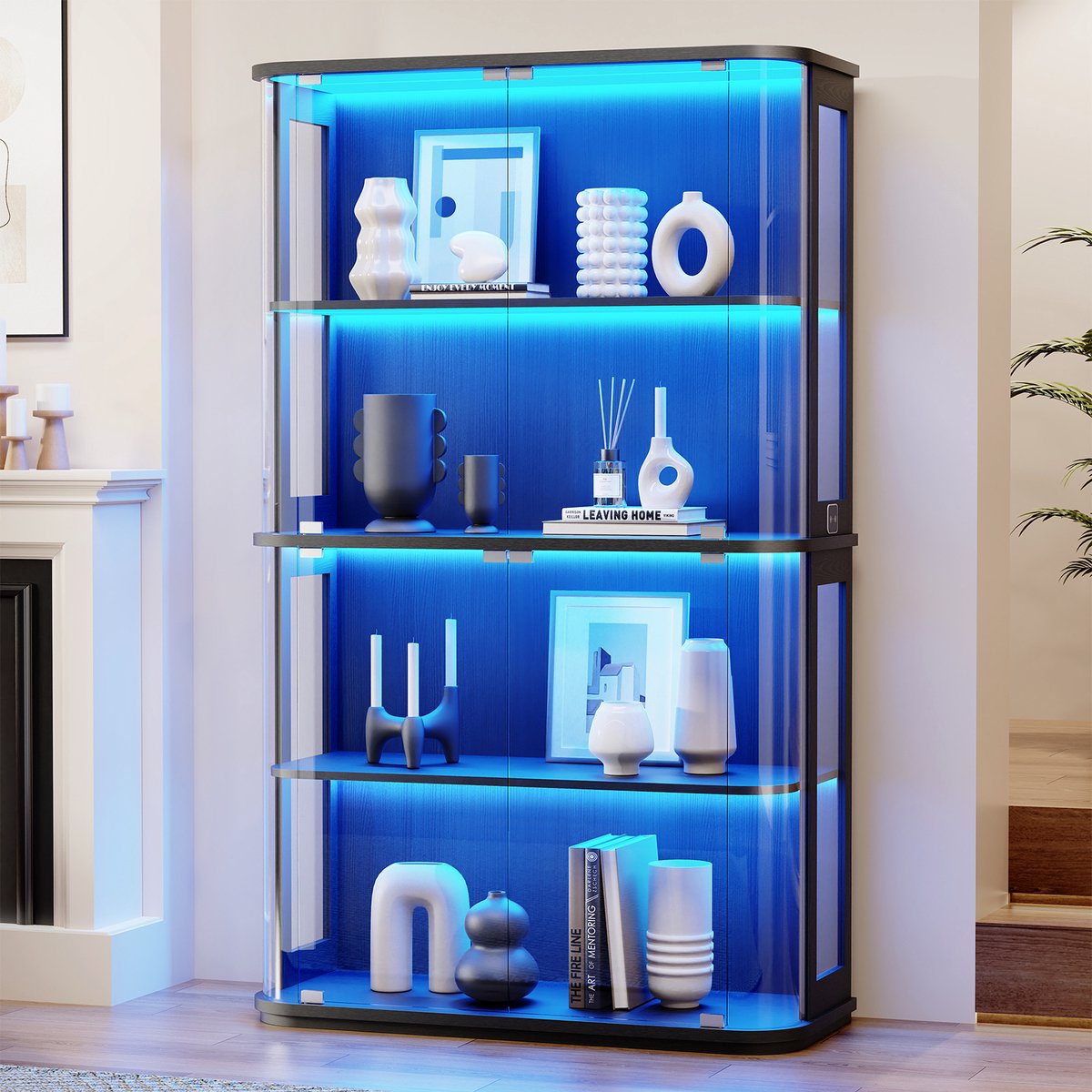 BROTTAR Grote, ronde vitrine met driekleurige verlichting en bewegingssensoren.