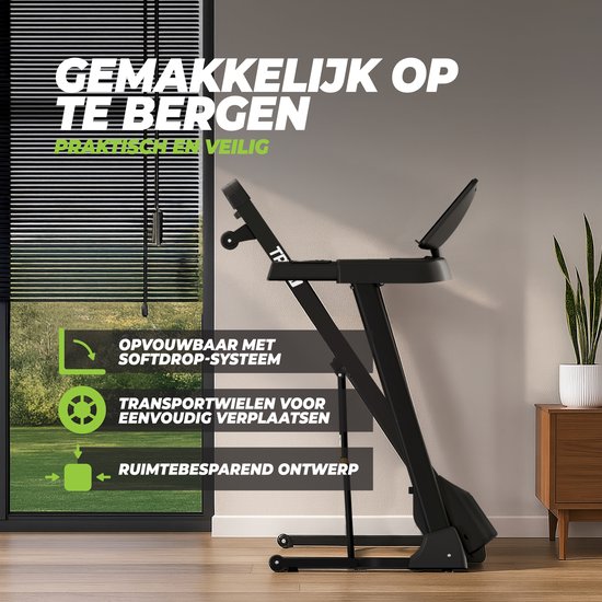 Zwarte loopband 'TR100i' in een woonkamer, met tekst "Gemakkelijk op te bergen".