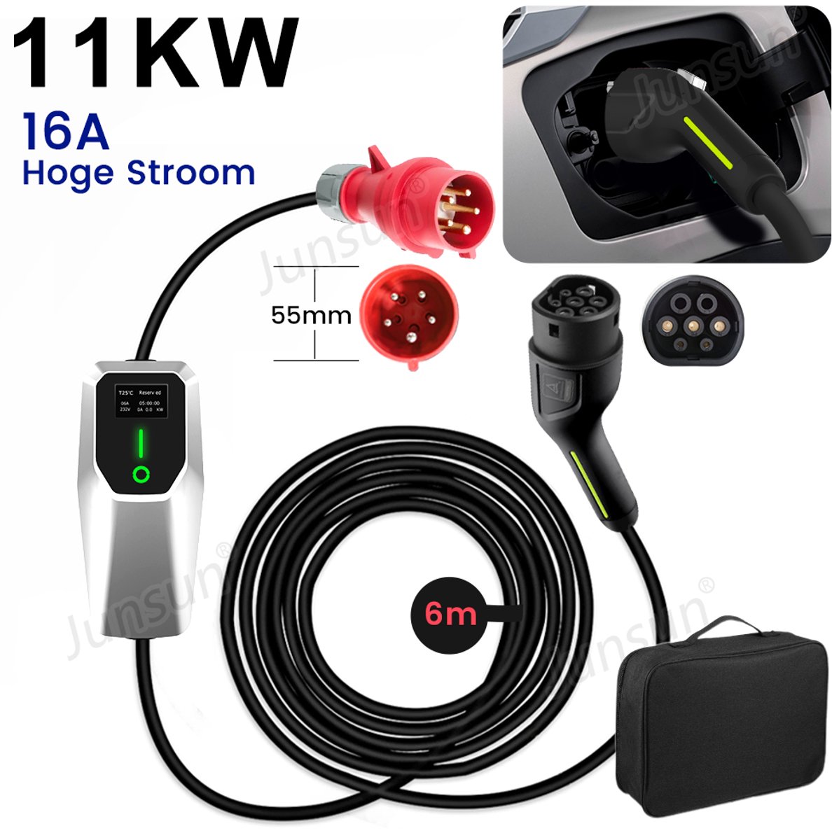 Hexinex Draagbare 11kW 3-Fase EV Laadkabel met LCD Scherm