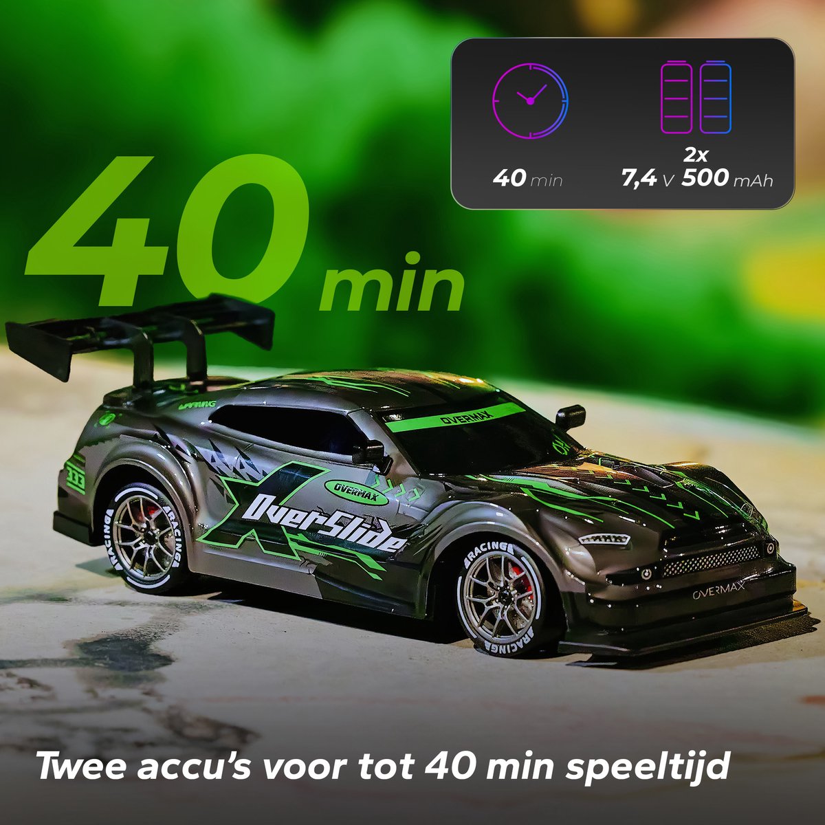 Overmax X-Overslide – Bestuurbare Auto 2in1: DRIFT & Race – 20 km/h – 2 Snelheidsstanden – 2 Batterijen – 40min Speeltijd – 2 Carrosserieën – 2 Wielensets – LED Onderverlichting – Obstakelset – Gecodeerde Besturing – RC Auto — afbeelding 13