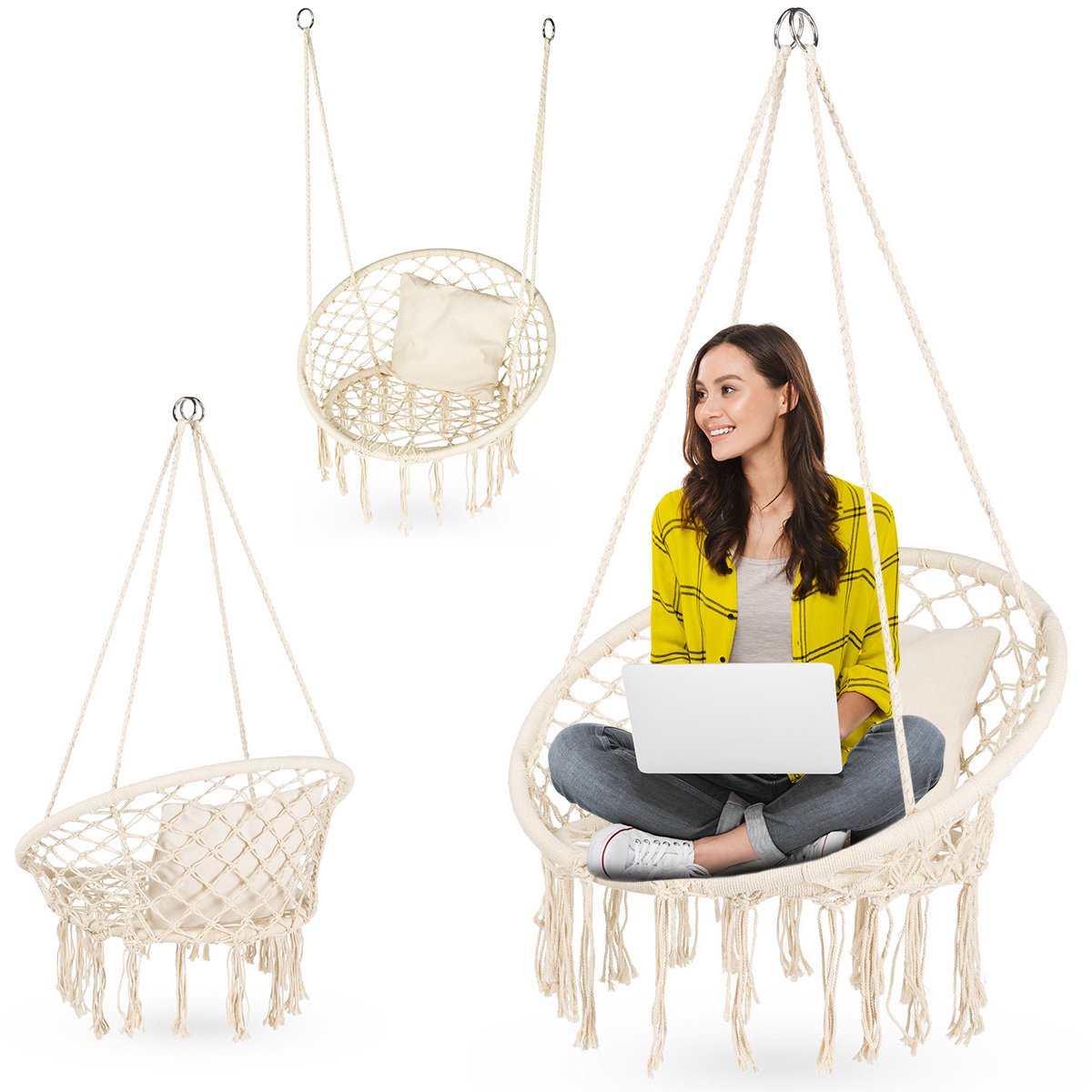 Outtec® Hangstoel XXL met Kussen - tot 150 kg - Binnen & Buiten - Hangmand, Schommel voor Tuin, Terras, Balkon - Boho