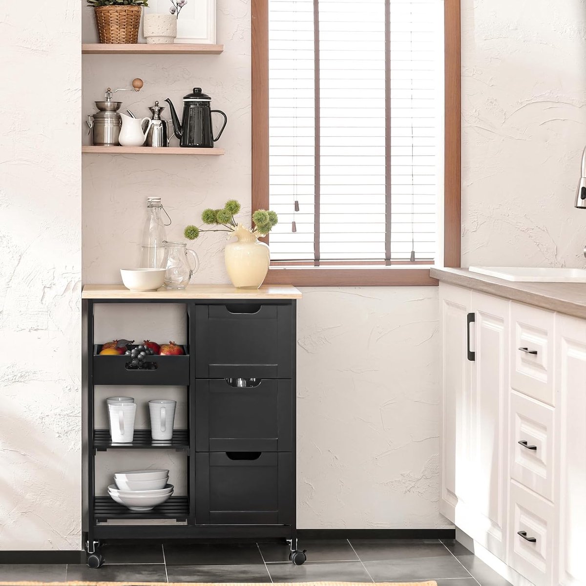 Zwarte MDF Serveerwagen met Wielen - 68x85x38 cm - Zwart - Wielen Uitneembare Planken Keukenwagen, Bijzetwagen - Medahomestore