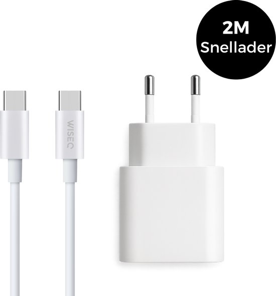 USB C Adapter Snellader + 2 Meter USB C naar USB C Kabel Oplader Geschikt voor Apple iPhone 17, iPhone 16, iPhone 15, iPad Pro/Mini/Air (USB-C), MacBook Air - WiseQ Origineel