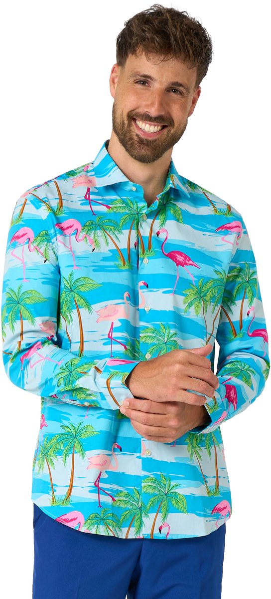 OppoSuits Flaminguy Shirt - Heren Overhemd - Tropisch Zomers Flamingo - Carnavalskleding - Gekleurd - Maat EU 35/36
