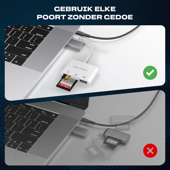 Cor.Speed SD Kaartlezer 3-in-1 - USB-C & USB-A - Smartphone & PC - Wit