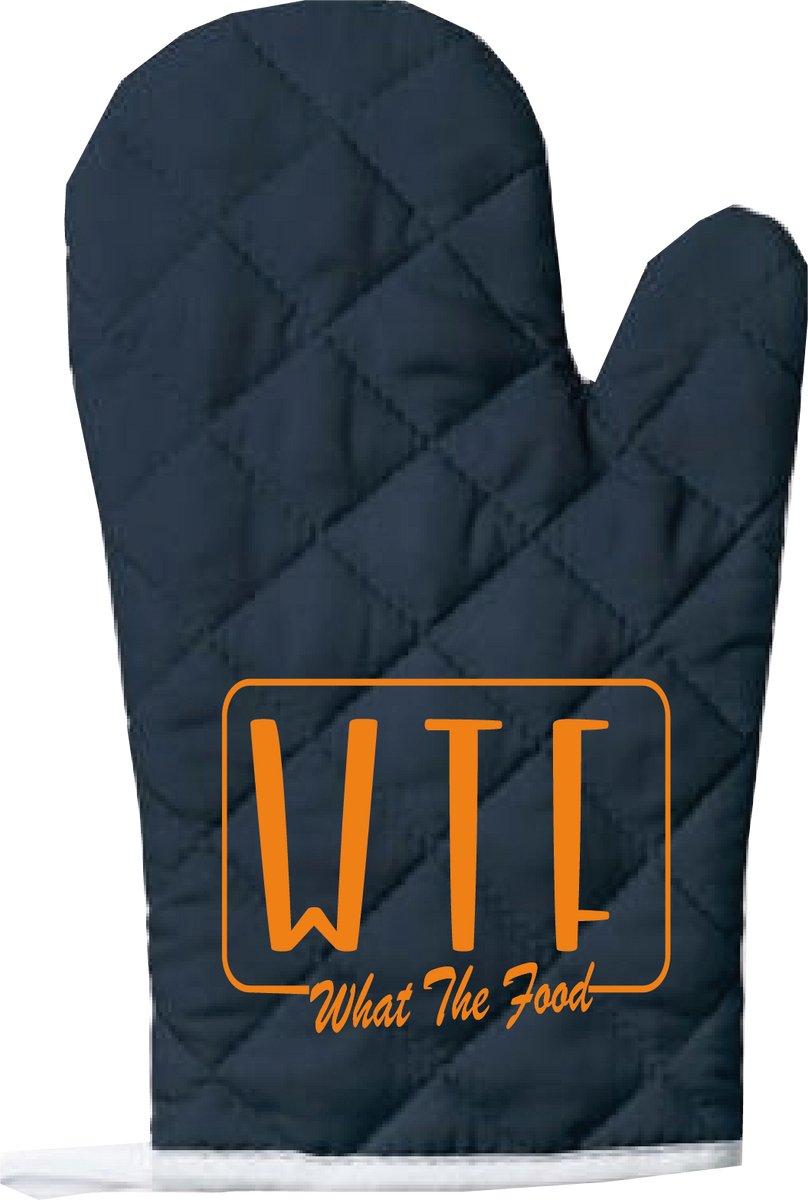 EIZOOK Functionele Ovenwant- Navy Blauw met Oranje Opdruk WTF What The Food