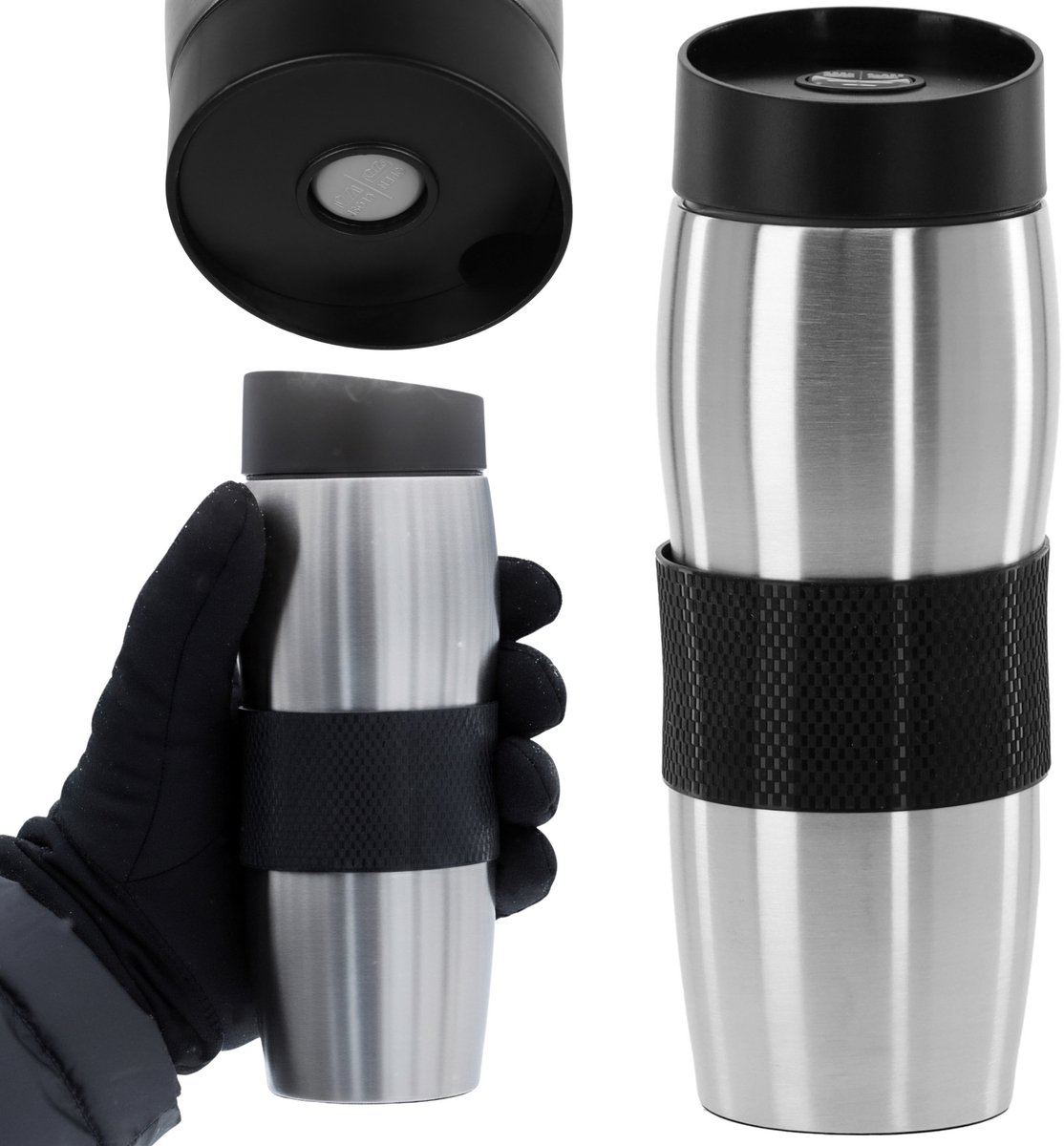VACUÜM THERMOSMOKK van roestvrij staal, ANTISLIP handvat, LEKVRIJ voor koffie en thee 350 ml