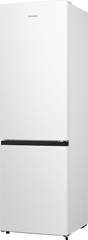 Witte Hisense koelkast, zijaanzicht. Hisense logo op de bovenste deur.