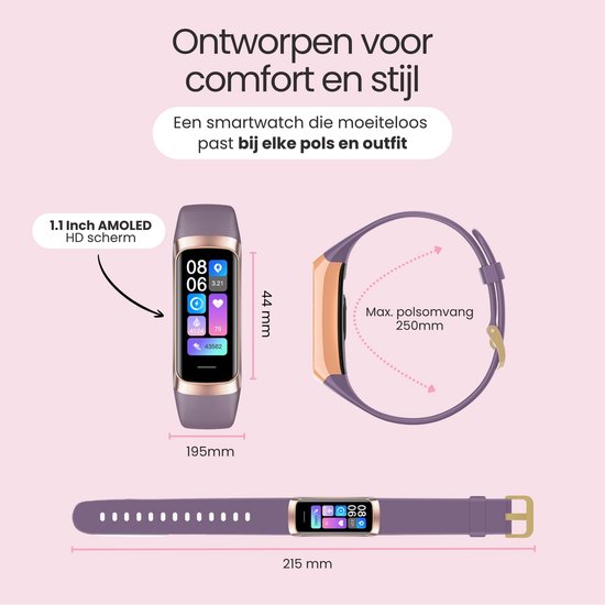 Paarse activity tracker met rosé gouden rand, afmetingen 44x195mm. Een grotere afbeelding toont het polsbandje.