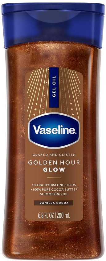 Bruine fles Vaseline Golden Hour Glow gelolie met glinsterende deeltjes en donkerblauwe dop. Bevat Vanilla Cocoa.
