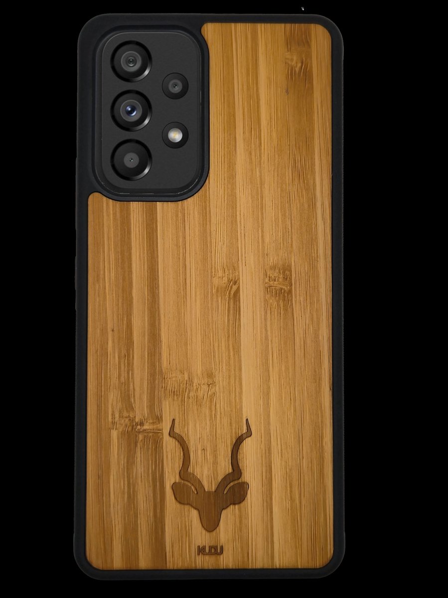 Kudu Samsung Galaxy A53 4g hoesje case - Houten backcover - Handgemaakt en afgewerkt met duurzaam TPU - Bamboe - Zwart