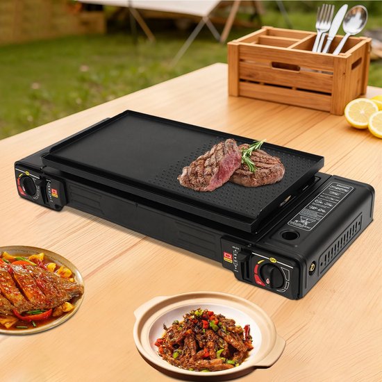 ShaSha Gaspit - Kookpit/kookstel - 2in1 2-pits draagbare kampeerkachel - Kookpit gas met bakvorm en draagtas - Noodpakket - Automatische ontsteking - 2500 W - Zwart — afbeelding 4