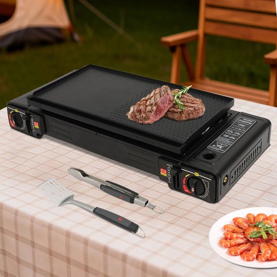 ShaSha Gaspit - Kookpit/kookstel - 2in1 2-pits draagbare kampeerkachel - Kookpit gas met bakvorm en draagtas - Noodpakket - Automatische ontsteking - 2500 W - Zwart — afbeelding 3