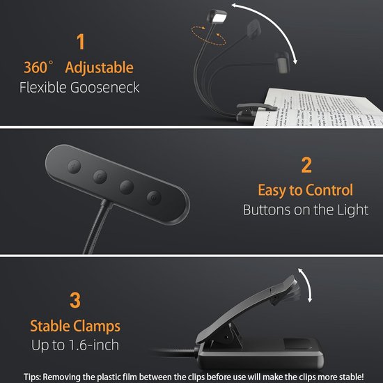 LED Leeslampje voor Boek - 3Lichtstanden - Oplaadbaar Leeslampje voor in Bed - Leeslampje met Klem - Boeklampje - Bedlamp -315° draaibaar Leeslamp - Oplaadbare boeklamp USB - Dimbaar - Zwart van Merkloos — afbeelding 2