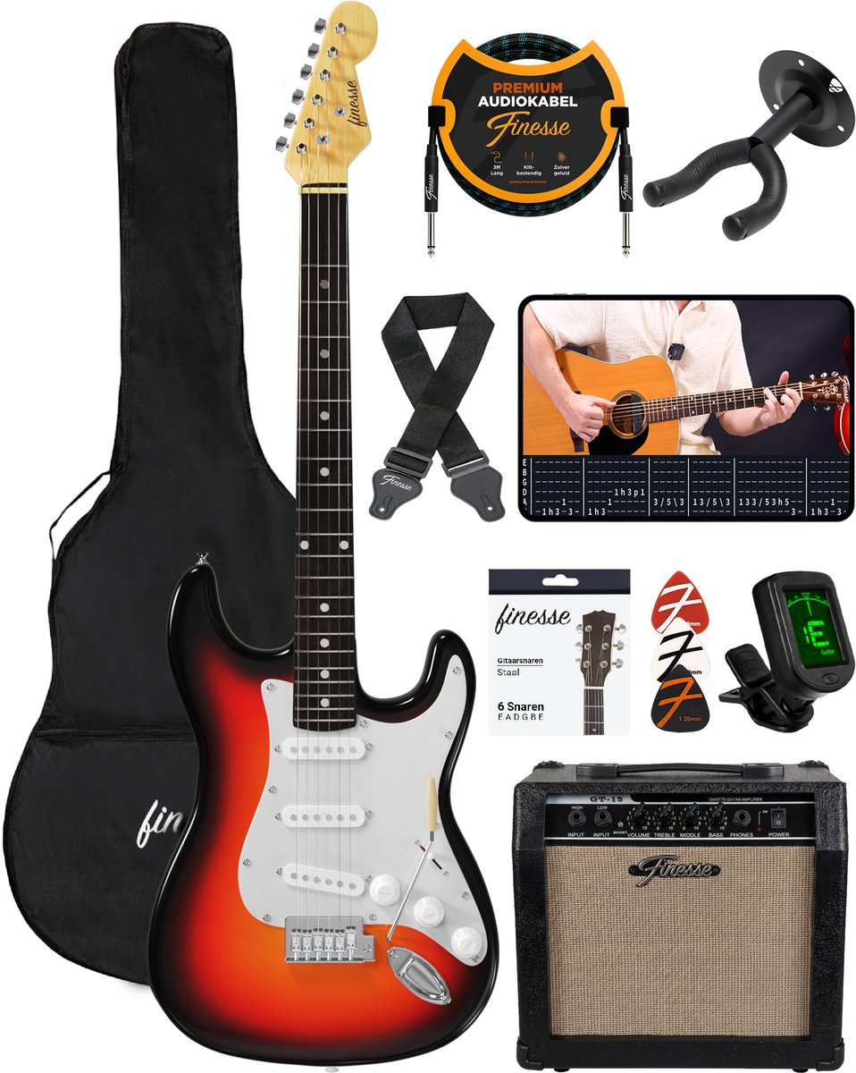 Finesse Elektrische Gitaar met Versterker - met Videocursus - Gitaar - Volwassenen - Kind
