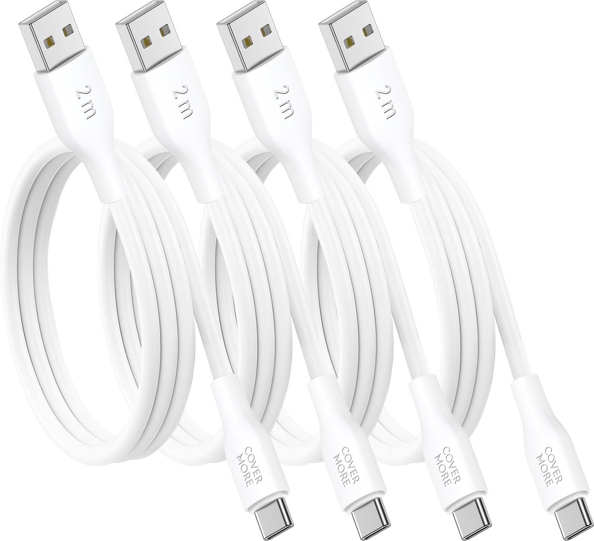 Usb C kabel 2 meter - Usb A naar usb C - 4 stuks - Voordeelpak - Lang - Wit