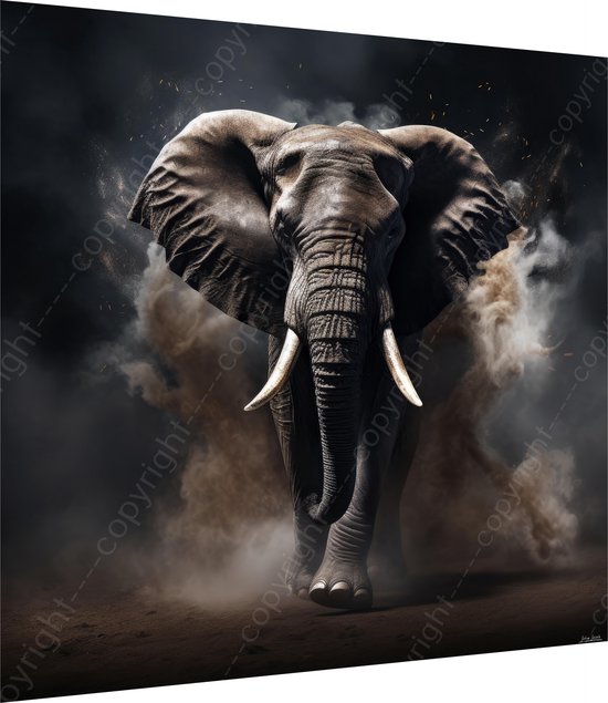 John Joseb Art (Glas) 100x100 | Olifant, stof, zand, rook, in geschilderde stijl, kunst, woonkamer slaapkamer | dier, Afrika, vierkant, bruin, grijs, blauw, modern | Foto-schilderij-glasschilderij-acrylglas-acrylaat-wanddecoratie