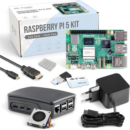 Raspberry Pi 5 4 GB starterskit | 64 GB Black Edition | Officiële 27 W-voeding | Officiële behuizing met ventilator | 4K Micro HDMI-kabel 1 m