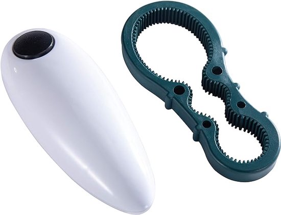 Witte ergonomische elektrische blikopener en groene houder, geïsoleerd op witte achtergrond.
